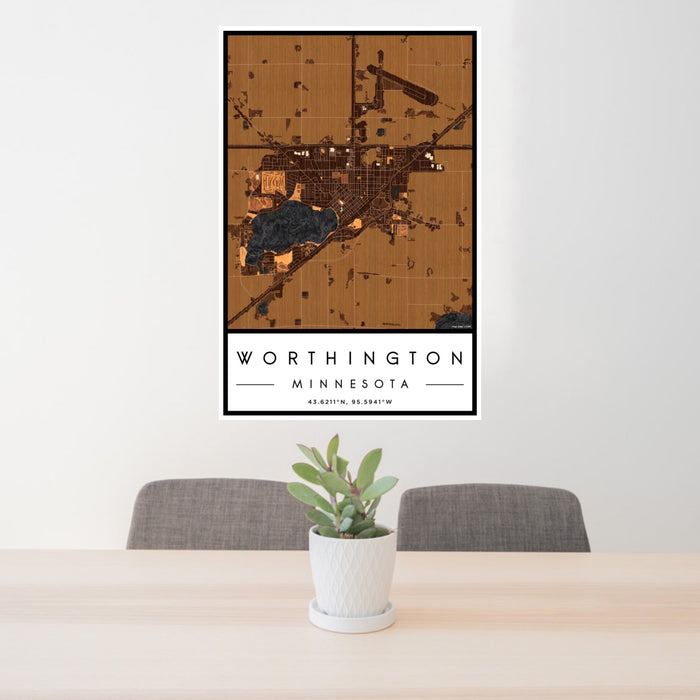 24x36 Worthington Minnesota Map Print Portrait Orientation in Ember Style Behind 2 Chairs Table and Potted Plant