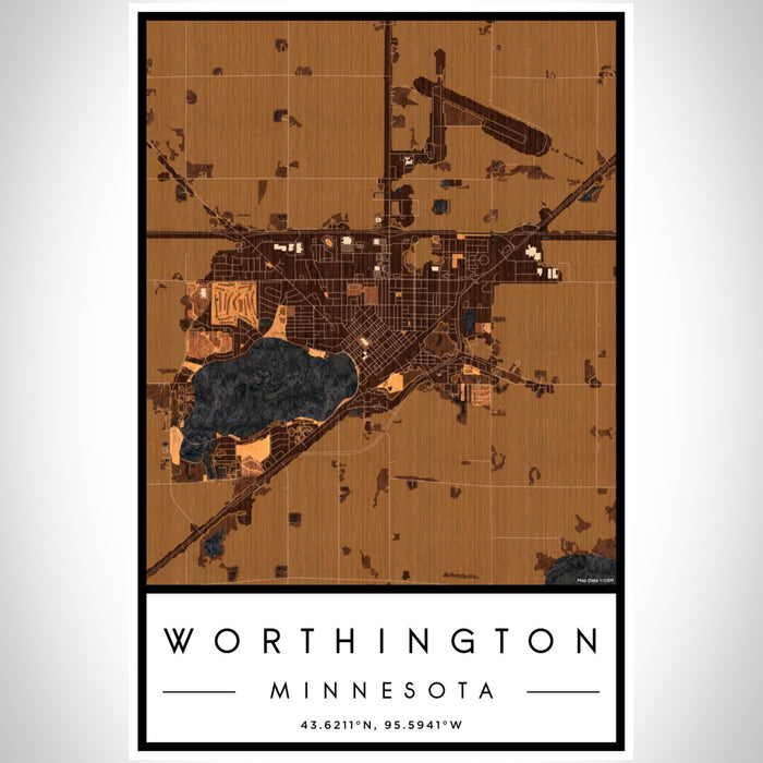 Worthington Minnesota Map Print Portrait Orientation in Ember Style With Shaded Background