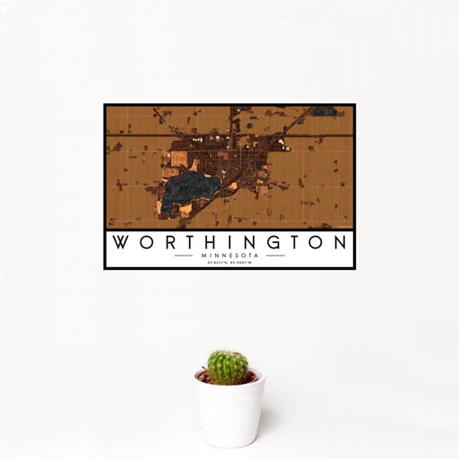 12x18 Worthington Minnesota Map Print Landscape Orientation in Ember Style With Small Cactus Plant in White Planter