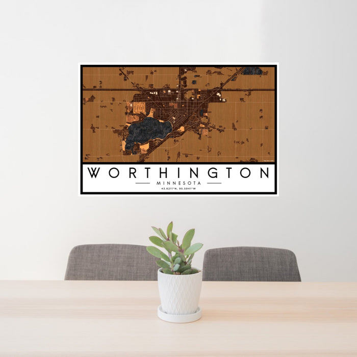 24x36 Worthington Minnesota Map Print Landscape Orientation in Ember Style Behind 2 Chairs Table and Potted Plant