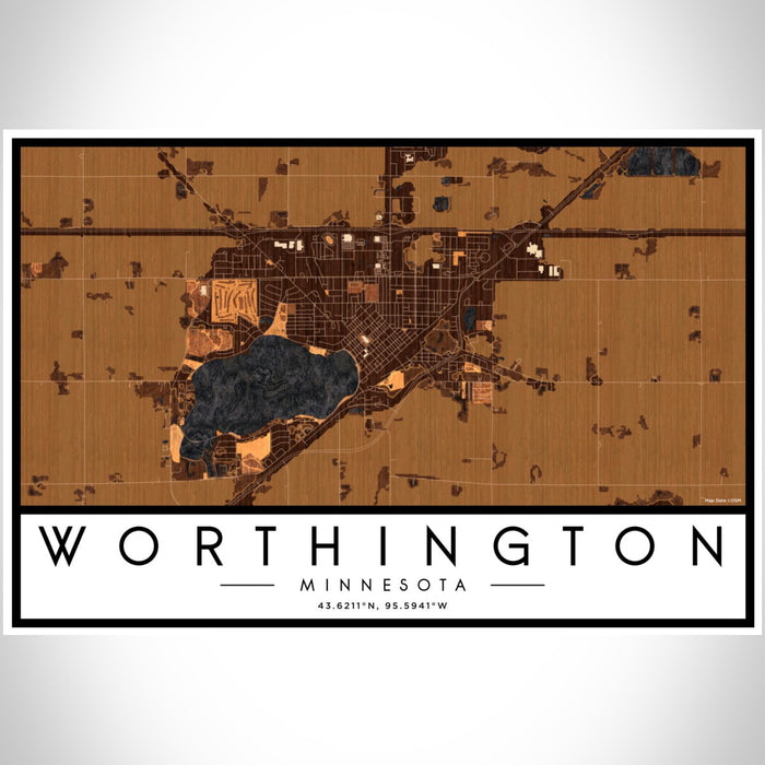 Worthington Minnesota Map Print Landscape Orientation in Ember Style With Shaded Background