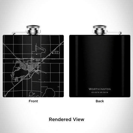 Rendered View of Worthington Minnesota Map Engraving on 6oz Stainless Steel Flask in Black