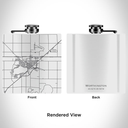 Rendered View of Worthington Minnesota Map Engraving on 6oz Stainless Steel Flask in White