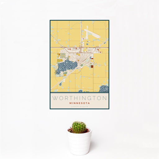 12x18 Worthington Minnesota Map Print Portrait Orientation in Woodblock Style With Small Cactus Plant in White Planter