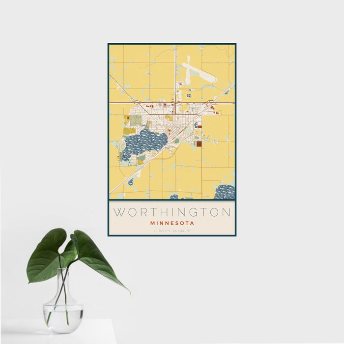 16x24 Worthington Minnesota Map Print Portrait Orientation in Woodblock Style With Tropical Plant Leaves in Water