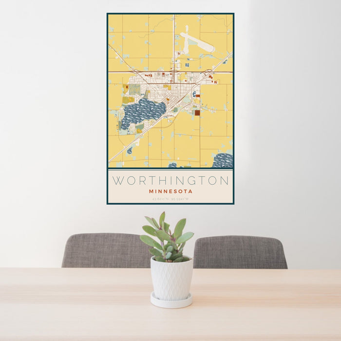 24x36 Worthington Minnesota Map Print Portrait Orientation in Woodblock Style Behind 2 Chairs Table and Potted Plant