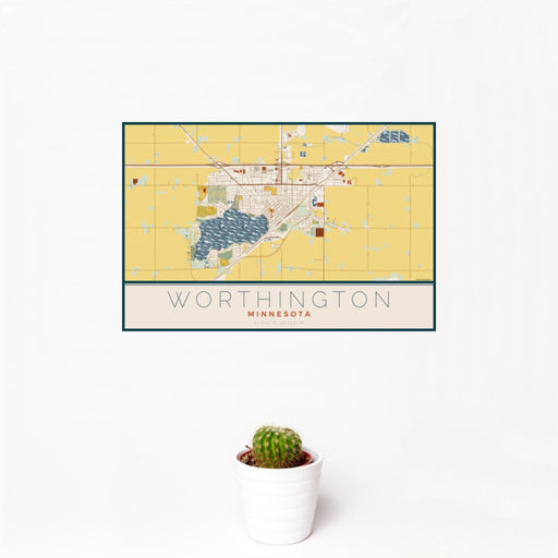 12x18 Worthington Minnesota Map Print Landscape Orientation in Woodblock Style With Small Cactus Plant in White Planter