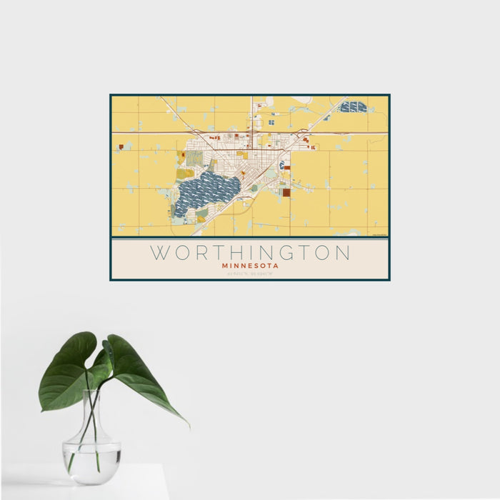 16x24 Worthington Minnesota Map Print Landscape Orientation in Woodblock Style With Tropical Plant Leaves in Water