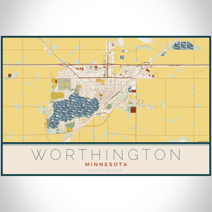 Worthington Minnesota Map Print Landscape Orientation in Woodblock Style With Shaded Background