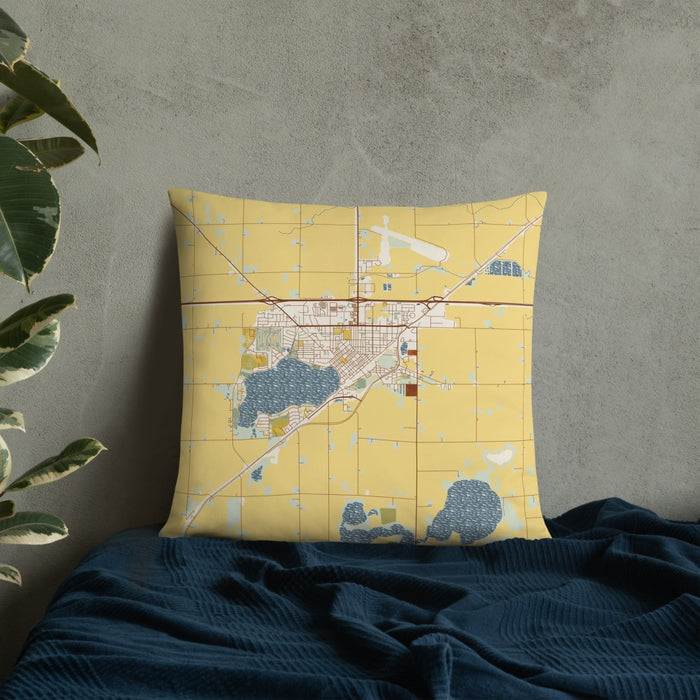 Custom Worthington Minnesota Map Throw Pillow in Woodblock on Bedding Against Wall