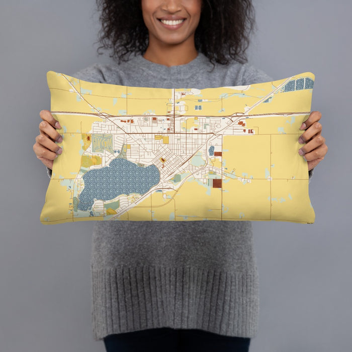 Person holding 20x12 Custom Worthington Minnesota Map Throw Pillow in Woodblock