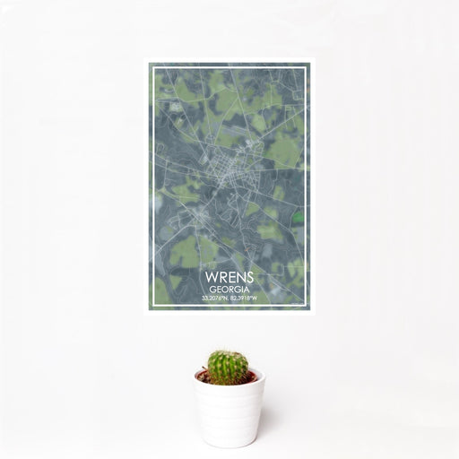 12x18 Wrens Georgia Map Print Portrait Orientation in Afternoon Style With Small Cactus Plant in White Planter