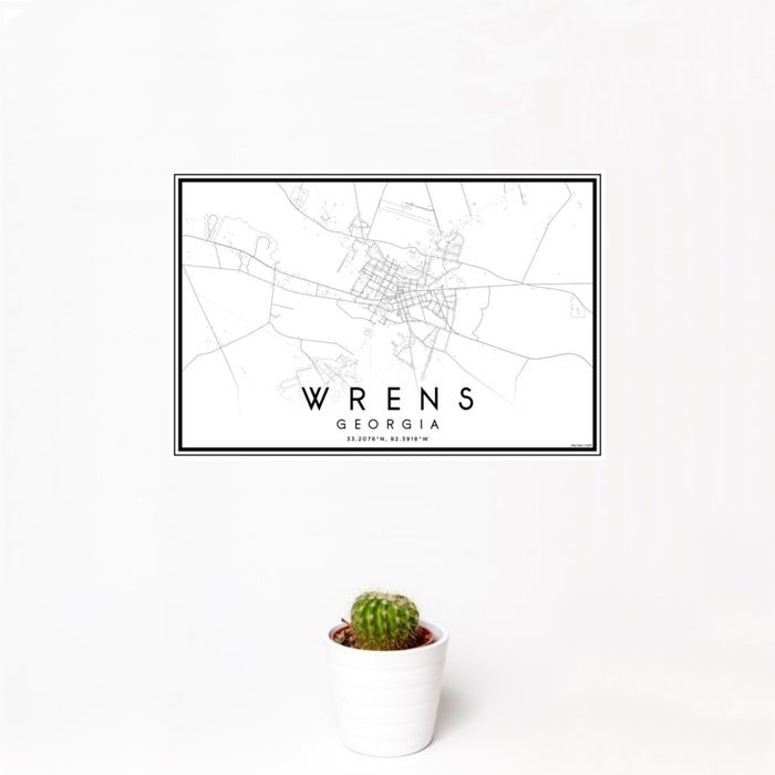 12x18 Wrens Georgia Map Print Landscape Orientation in Classic Style With Small Cactus Plant in White Planter