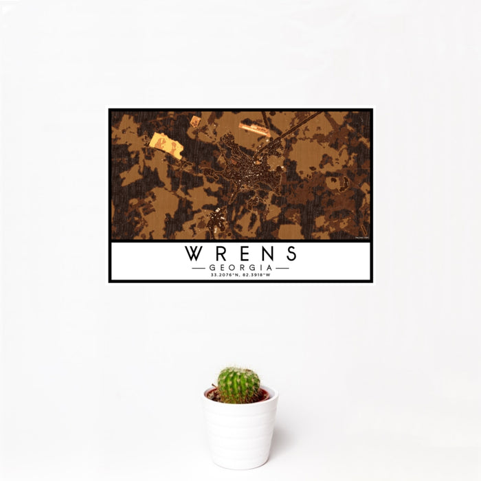 12x18 Wrens Georgia Map Print Landscape Orientation in Ember Style With Small Cactus Plant in White Planter
