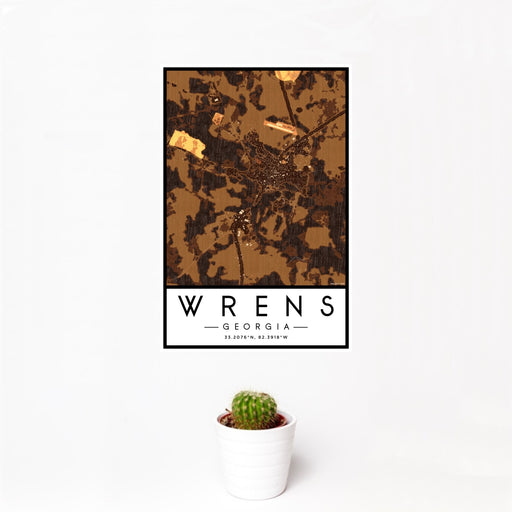 12x18 Wrens Georgia Map Print Portrait Orientation in Ember Style With Small Cactus Plant in White Planter