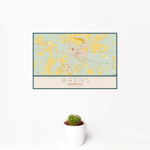 12x18 Wrens Georgia Map Print Landscape Orientation in Woodblock Style With Small Cactus Plant in White Planter