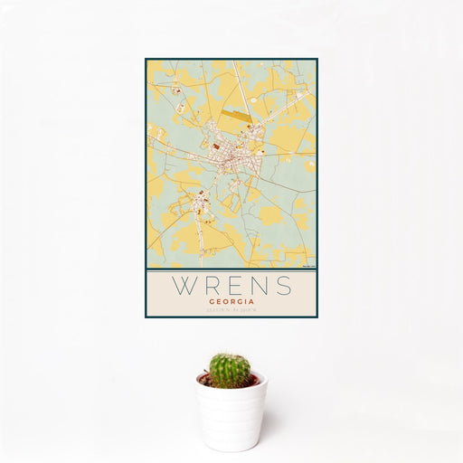 12x18 Wrens Georgia Map Print Portrait Orientation in Woodblock Style With Small Cactus Plant in White Planter