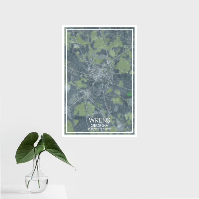 16x24 Wrens Georgia Map Print Portrait Orientation in Afternoon Style With Tropical Plant Leaves in Water