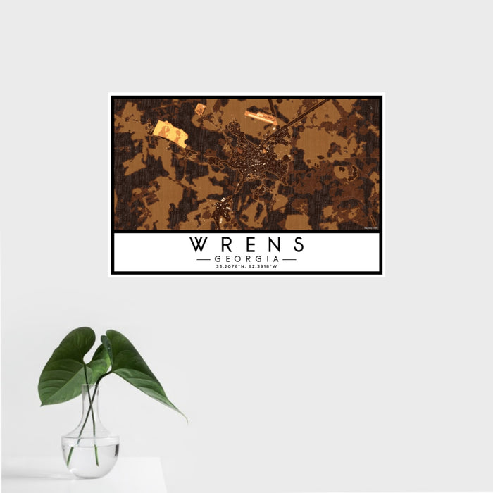 16x24 Wrens Georgia Map Print Landscape Orientation in Ember Style With Tropical Plant Leaves in Water