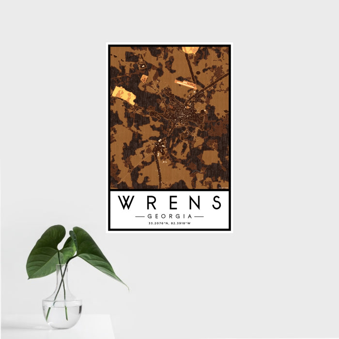 16x24 Wrens Georgia Map Print Portrait Orientation in Ember Style With Tropical Plant Leaves in Water