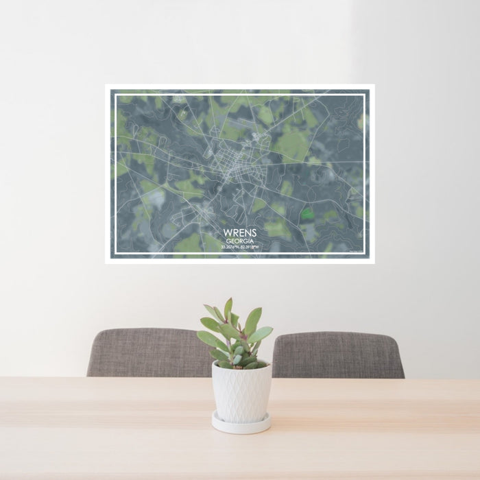 24x36 Wrens Georgia Map Print Lanscape Orientation in Afternoon Style Behind 2 Chairs Table and Potted Plant