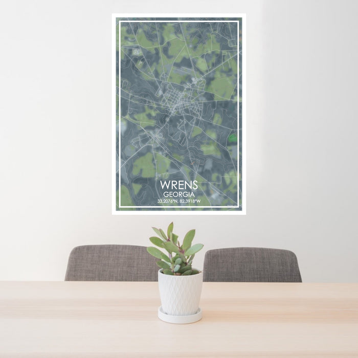 24x36 Wrens Georgia Map Print Portrait Orientation in Afternoon Style Behind 2 Chairs Table and Potted Plant