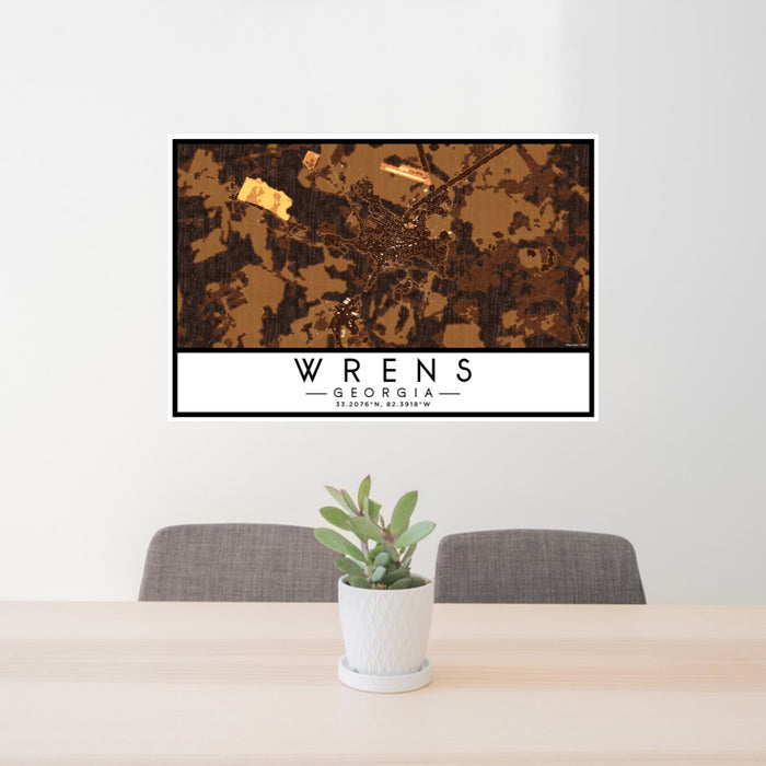 24x36 Wrens Georgia Map Print Lanscape Orientation in Ember Style Behind 2 Chairs Table and Potted Plant