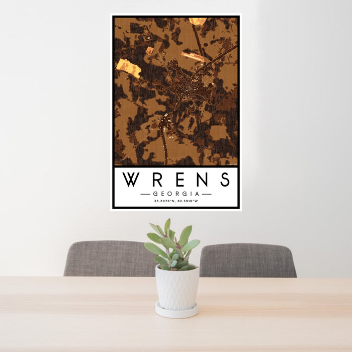24x36 Wrens Georgia Map Print Portrait Orientation in Ember Style Behind 2 Chairs Table and Potted Plant