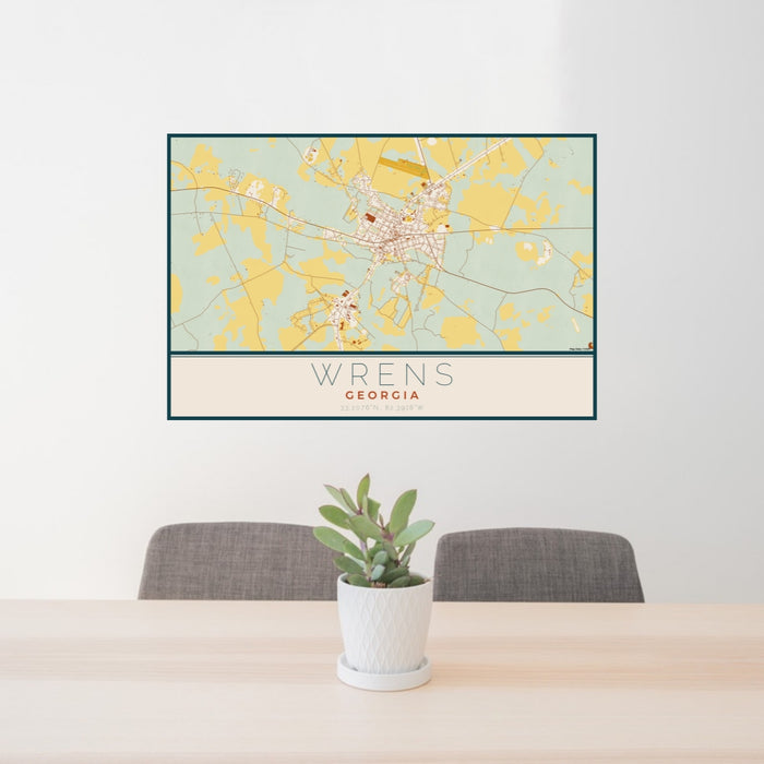 24x36 Wrens Georgia Map Print Lanscape Orientation in Woodblock Style Behind 2 Chairs Table and Potted Plant
