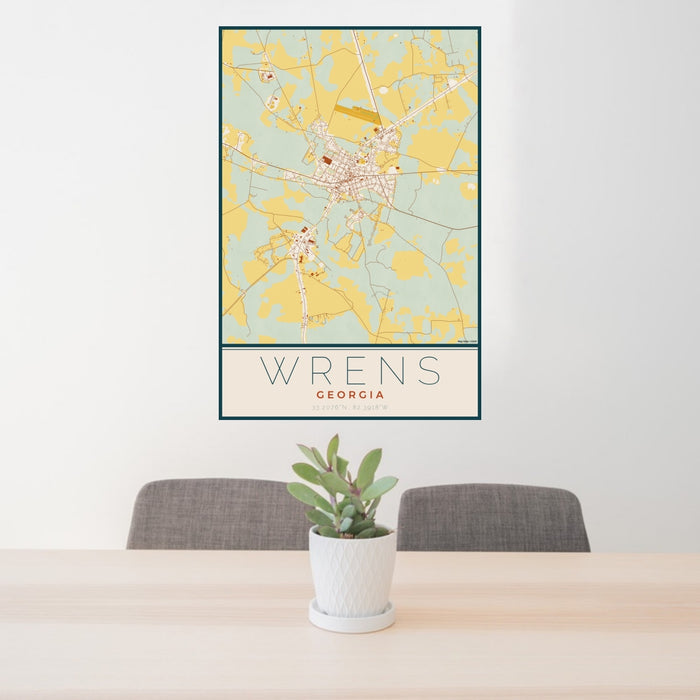 24x36 Wrens Georgia Map Print Portrait Orientation in Woodblock Style Behind 2 Chairs Table and Potted Plant