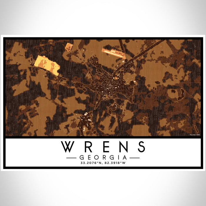 Wrens Georgia Map Print Landscape Orientation in Ember Style With Shaded Background