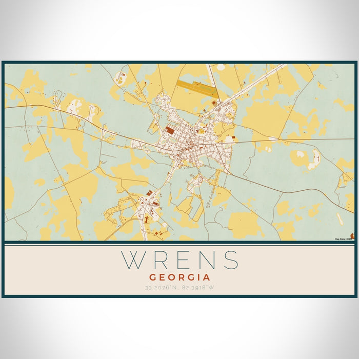 Wrens Georgia Map Print Landscape Orientation in Woodblock Style With Shaded Background