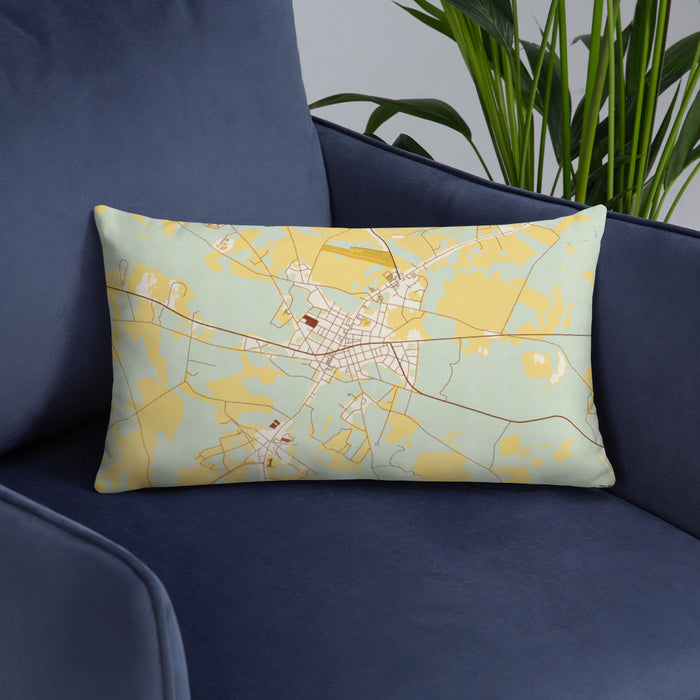 Custom Wrens Georgia Map Throw Pillow in Woodblock on Blue Colored Chair