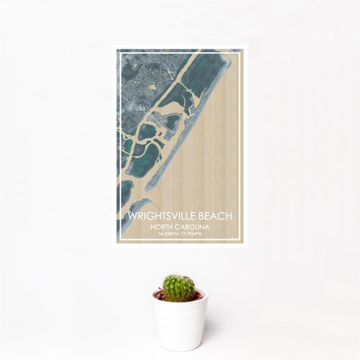 12x18 Wrightsville Beach North Carolina Map Print Portrait Orientation in Afternoon Style With Small Cactus Plant in White Planter