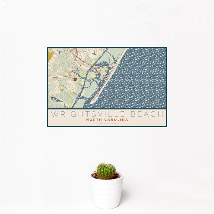 12x18 Wrightsville Beach North Carolina Map Print Landscape Orientation in Woodblock Style With Small Cactus Plant in White Planter