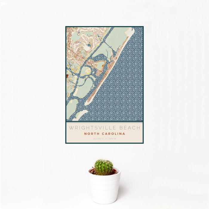 12x18 Wrightsville Beach North Carolina Map Print Portrait Orientation in Woodblock Style With Small Cactus Plant in White Planter
