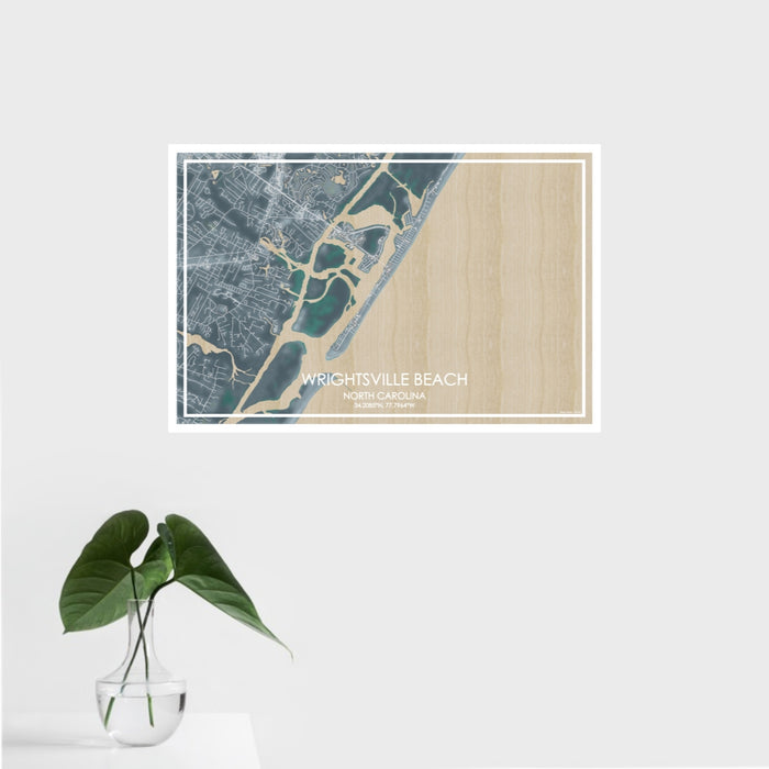 16x24 Wrightsville Beach North Carolina Map Print Landscape Orientation in Afternoon Style With Tropical Plant Leaves in Water
