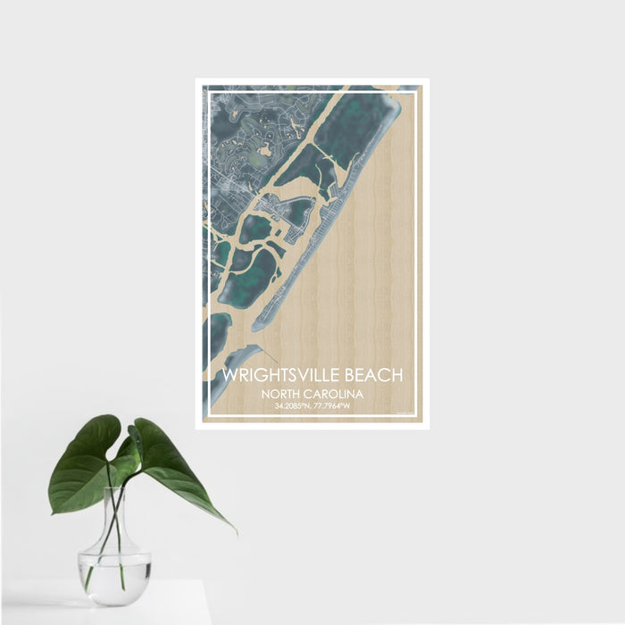 16x24 Wrightsville Beach North Carolina Map Print Portrait Orientation in Afternoon Style With Tropical Plant Leaves in Water