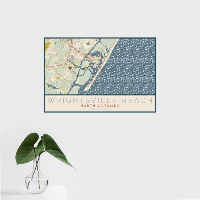 16x24 Wrightsville Beach North Carolina Map Print Landscape Orientation in Woodblock Style With Tropical Plant Leaves in Water