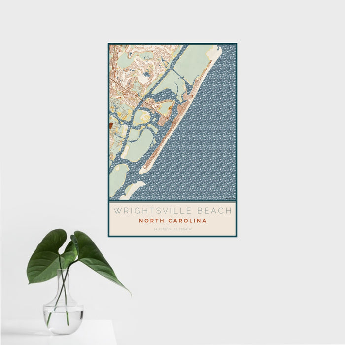 16x24 Wrightsville Beach North Carolina Map Print Portrait Orientation in Woodblock Style With Tropical Plant Leaves in Water
