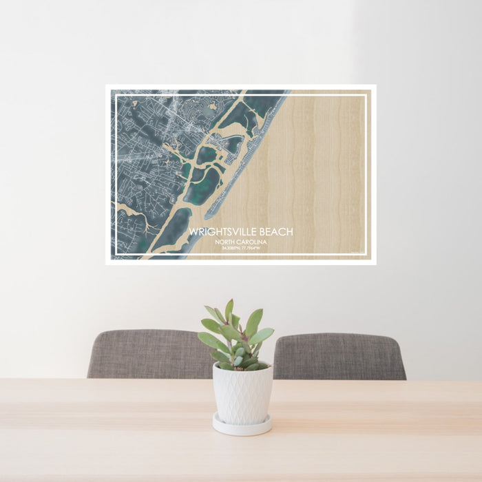 24x36 Wrightsville Beach North Carolina Map Print Lanscape Orientation in Afternoon Style Behind 2 Chairs Table and Potted Plant