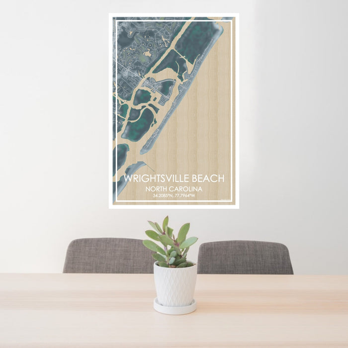 24x36 Wrightsville Beach North Carolina Map Print Portrait Orientation in Afternoon Style Behind 2 Chairs Table and Potted Plant