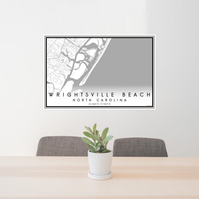 24x36 Wrightsville Beach North Carolina Map Print Lanscape Orientation in Classic Style Behind 2 Chairs Table and Potted Plant