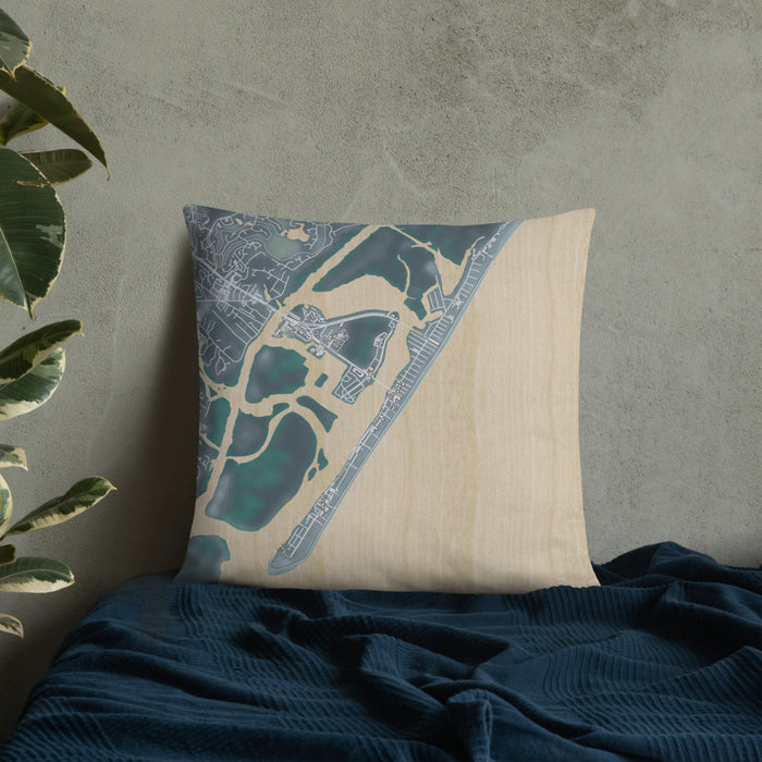 Custom Wrightsville Beach North Carolina Map Throw Pillow in Afternoon on Bedding Against Wall