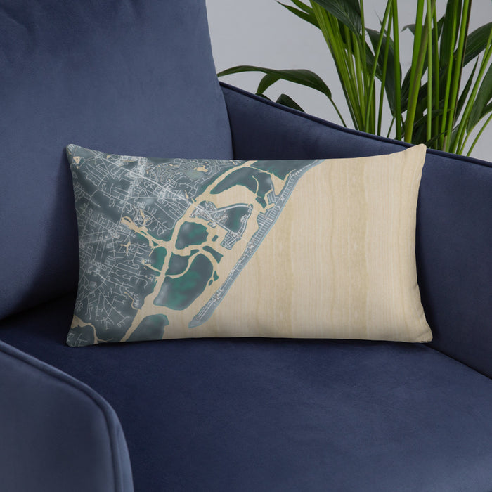 Custom Wrightsville Beach North Carolina Map Throw Pillow in Afternoon on Blue Colored Chair