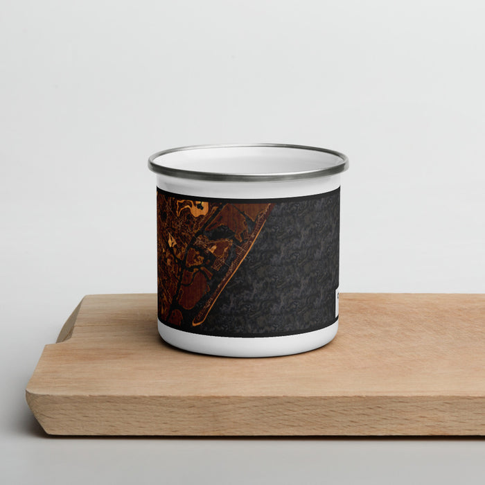 Front View Custom Wrightsville Beach North Carolina Map Enamel Mug in Ember on Cutting Board