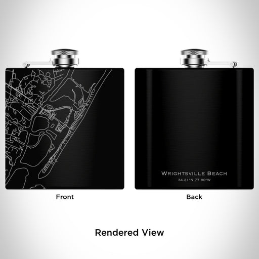 Rendered View of Wrightsville Beach North Carolina Map Engraving on 6oz Stainless Steel Flask in Black