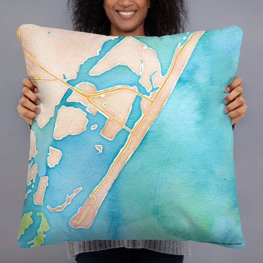 Person holding 22x22 Custom Wrightsville Beach North Carolina Map Throw Pillow in Watercolor