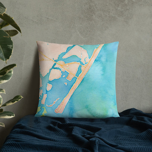 Custom Wrightsville Beach North Carolina Map Throw Pillow in Watercolor on Bedding Against Wall