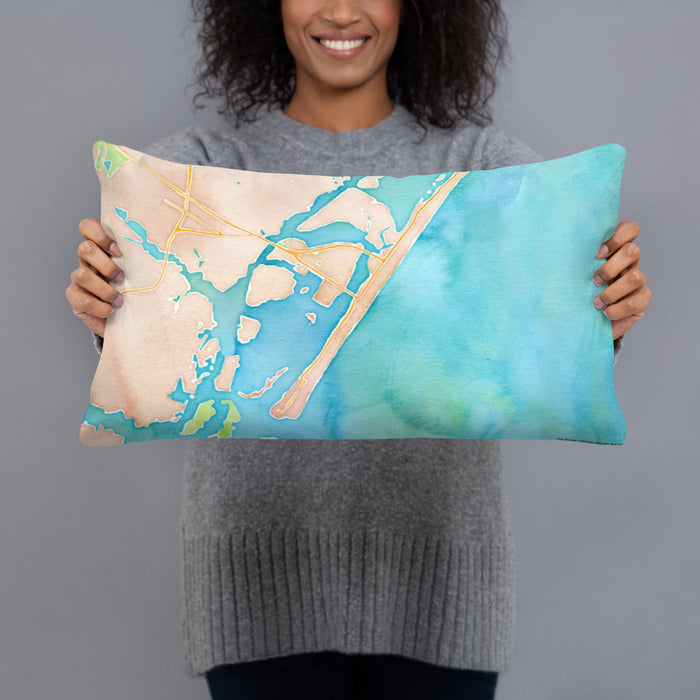 Person holding 20x12 Custom Wrightsville Beach North Carolina Map Throw Pillow in Watercolor